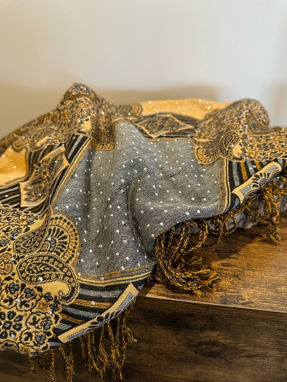 Gold and Black Paisley Fringe Scarf